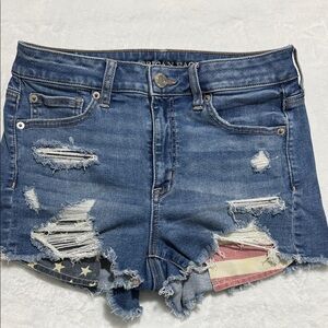 American Eagle Outfitters Distressed Blue Denim Shorts with Flag Liner